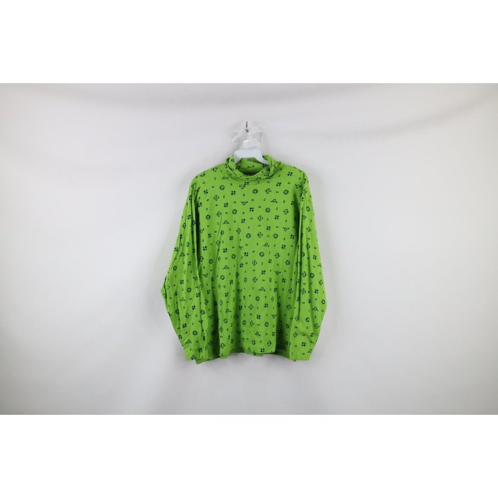 Vintage 90s Streetwear Womens Large Geometric Long Sleeve Turtleneck Shirt Lime